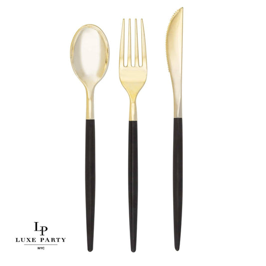 Black • Gold Plastic Cutlery Set | 32 Pieces - SimplySoiree