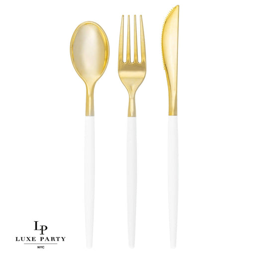 White • Gold Plastic Cutlery Set | 32 Pieces - SimplySoiree