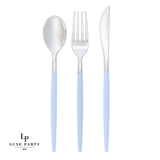 Ice Blue • Silver Plastic Cutlery Set | 32 Pieces - SimplySoiree