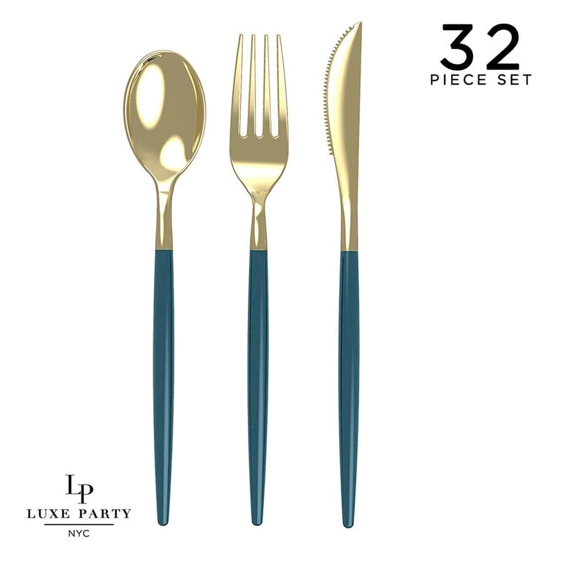 Teal • Gold Plastic Cutlery Set | 32 Pieces - SimplySoiree