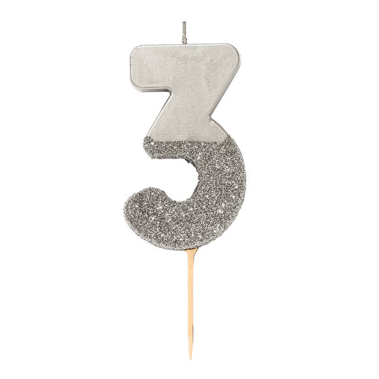 Silver Glitter Number 3 Birthday Candle