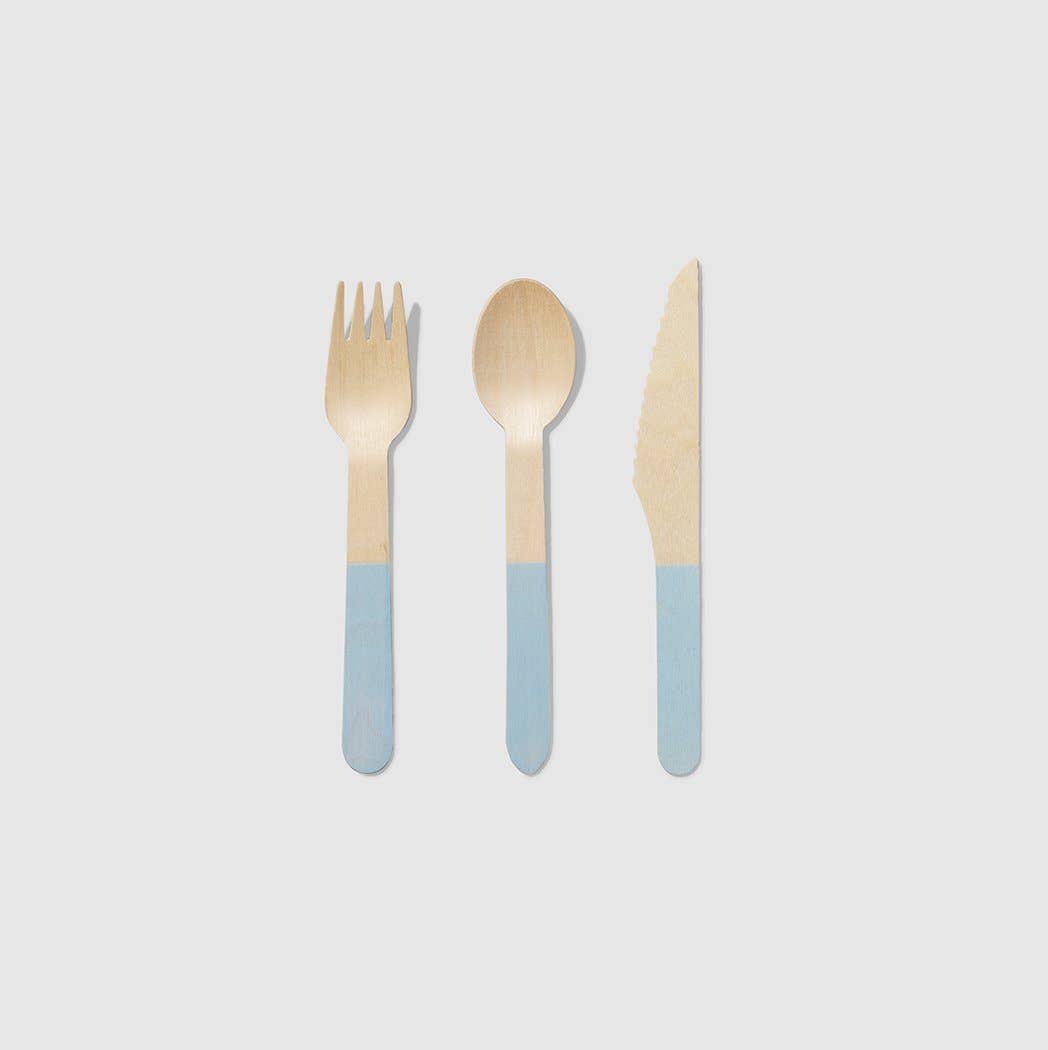 Pale Blue Wooden Cutlery Set (30 per Pack) - SimplySoiree