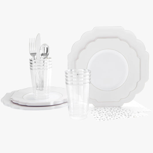 Solid Scallop White Silver Plastic Party Set | 56 Pc - SimplySoiree
