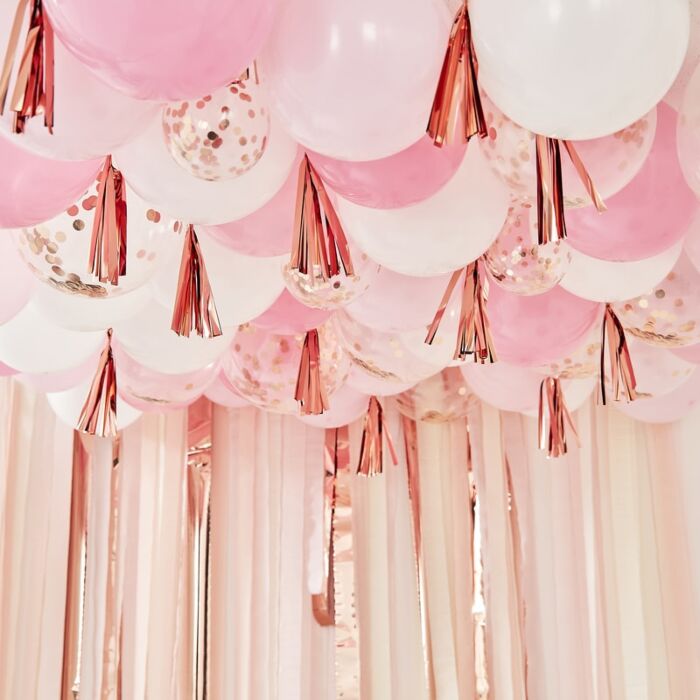 Blush, White and Rose Gold Ceiling Balloons with Tassels - SimplySoiree