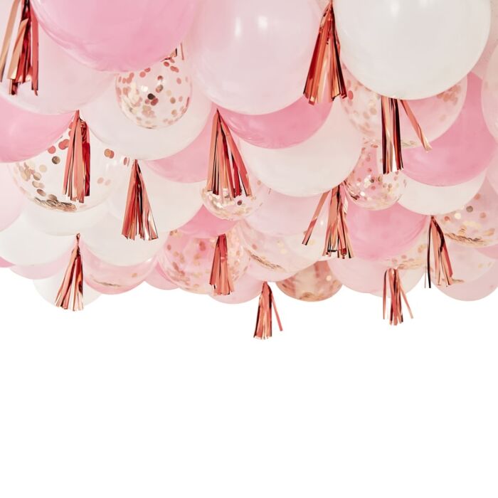 Blush, White and Rose Gold Ceiling Balloons with Tassels - SimplySoiree